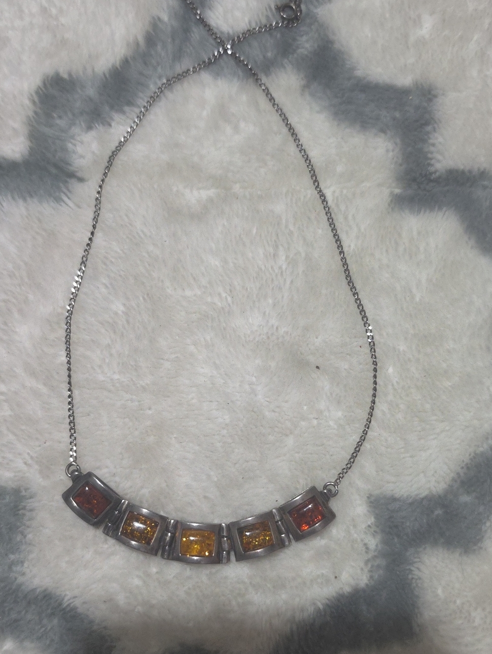 Silver Tone Necklace with Baltic Amber and Citrine Square Stones